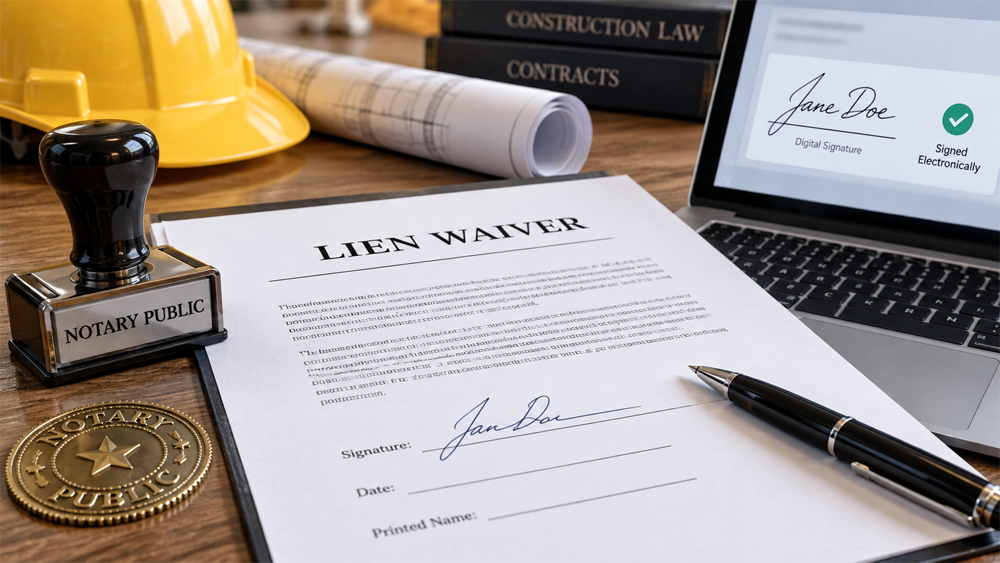 Lien waiver form including pen, notary stamp and seal