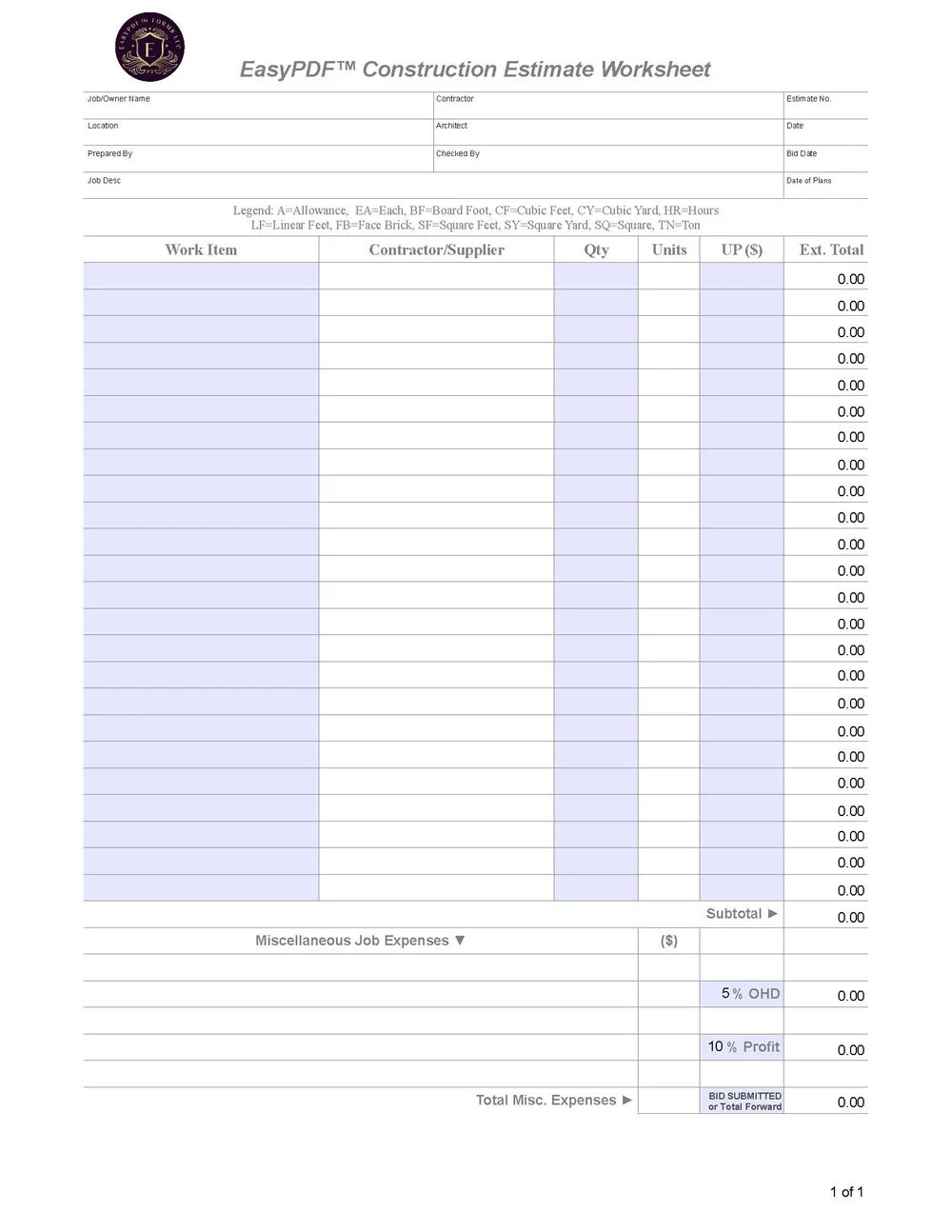 Contractor Estimate Worksheet When First Open