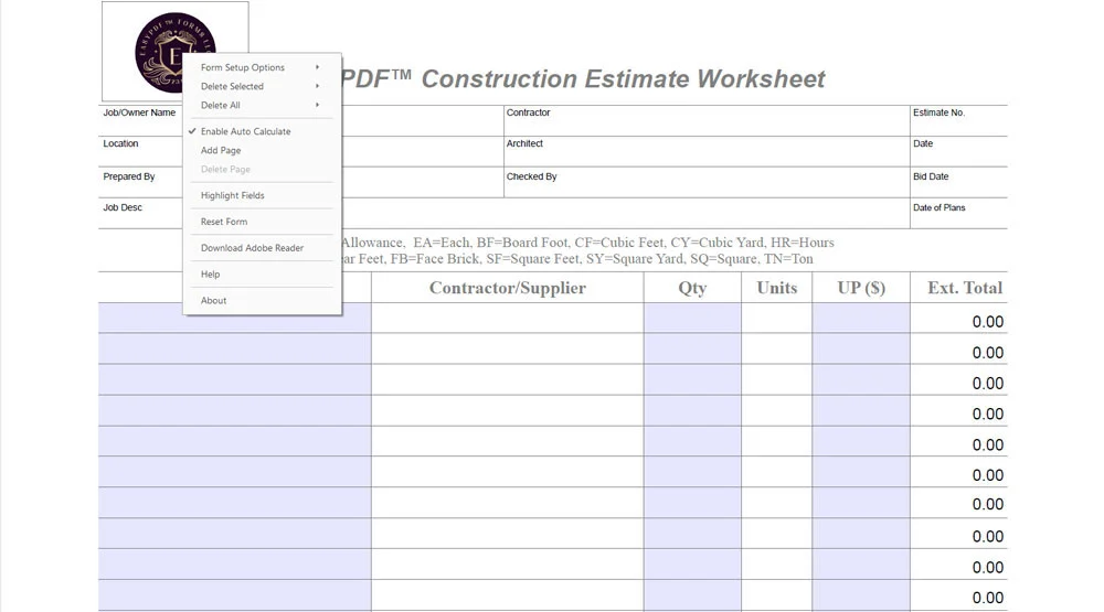 Contractor estimate worksheet PDF showing popup navigation menu