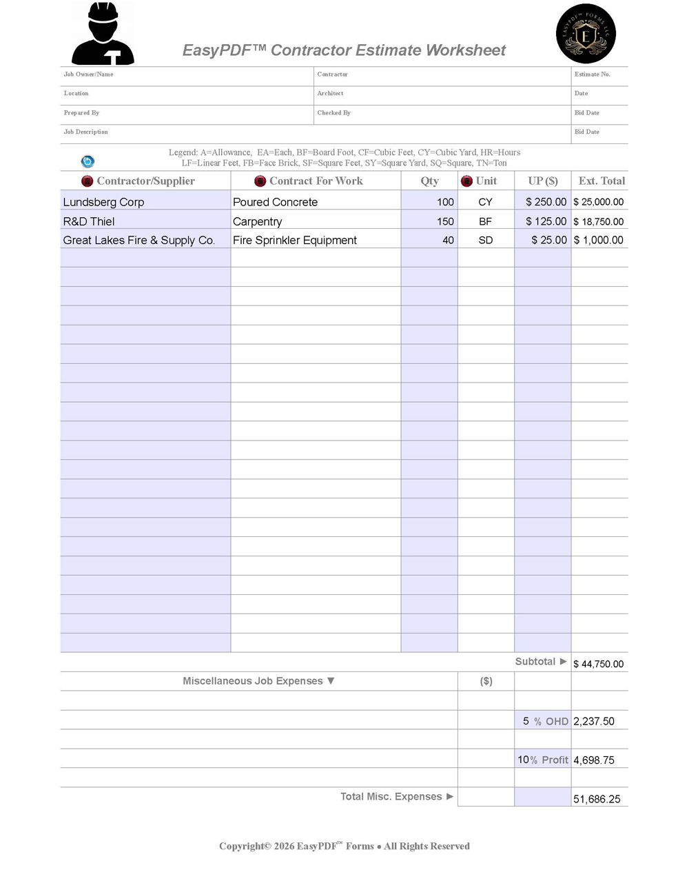Contractor Estimate Worksheet When First Open