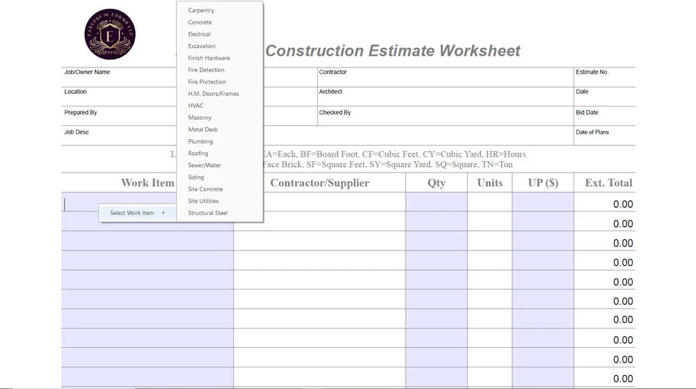 Contractor estimate worksheet PDF showing work items listed in alphabetical order