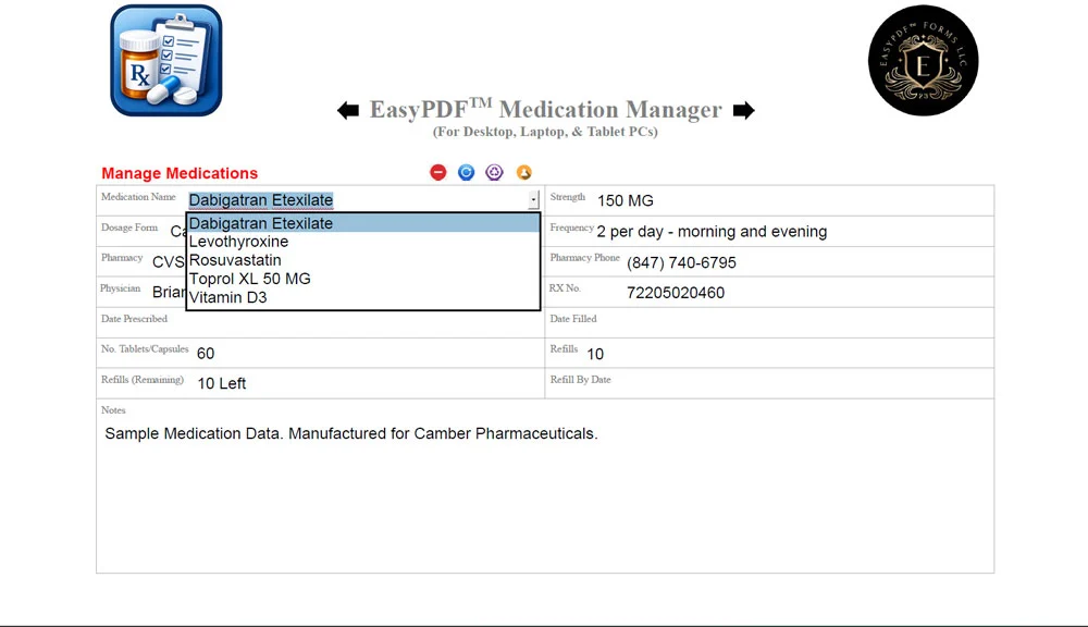 Screenshot of EasyPDF™ Medication Manager Dropdown List
