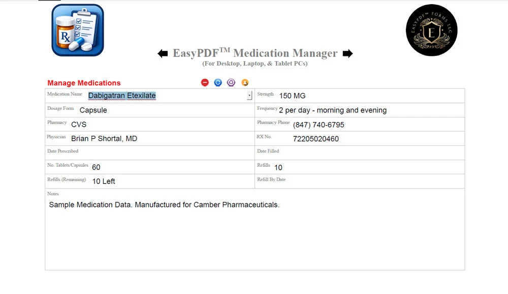 Screenshot of EasyPDF™ Medication Manager Medication Data