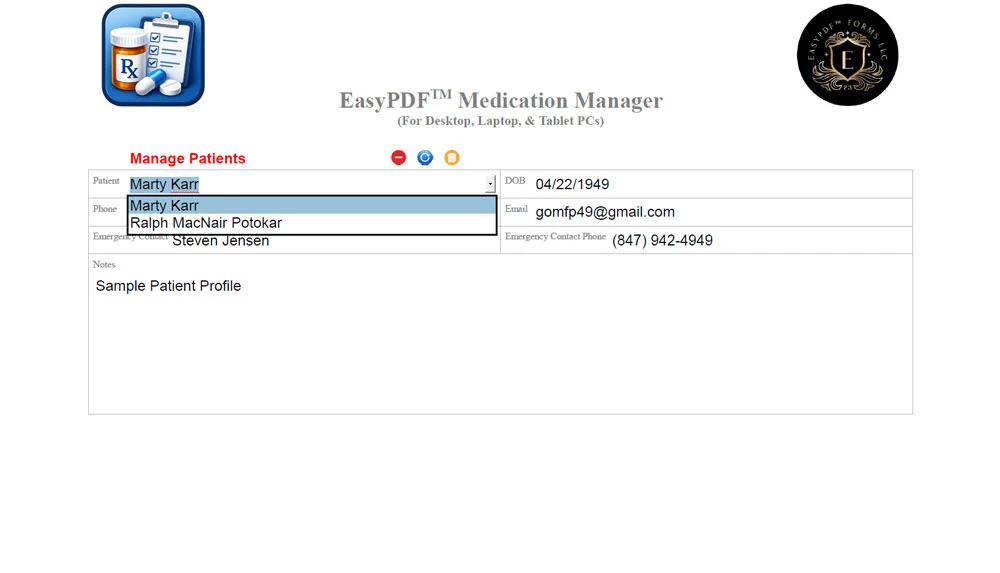 Screenshot of EasyPDF™ Medication Manager Patient Names Dropdown List