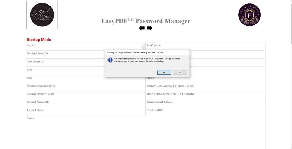 EasyPDF™ Password Manager Backup Password Records