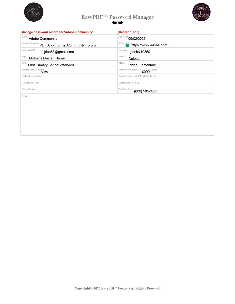 EasyPDF™ Password Manager Sample Password Record