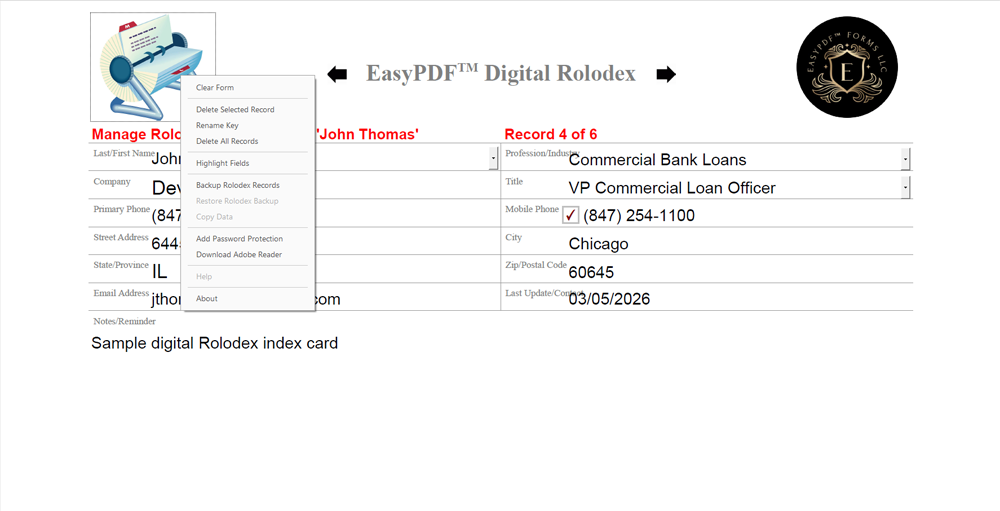 EasyPDF™ Digital Rolodex Navigation menu with selectable form options