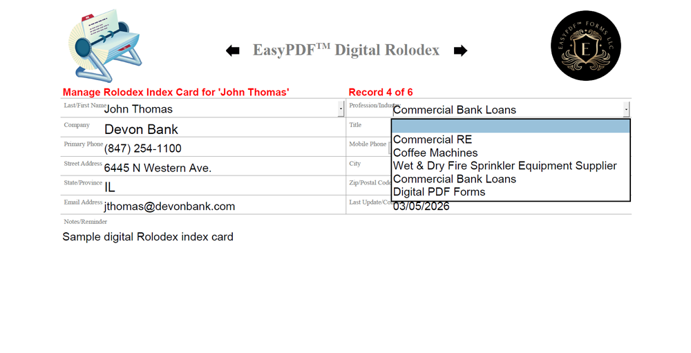 EasyPDF™ Digital Rolodex Profession/Industry List