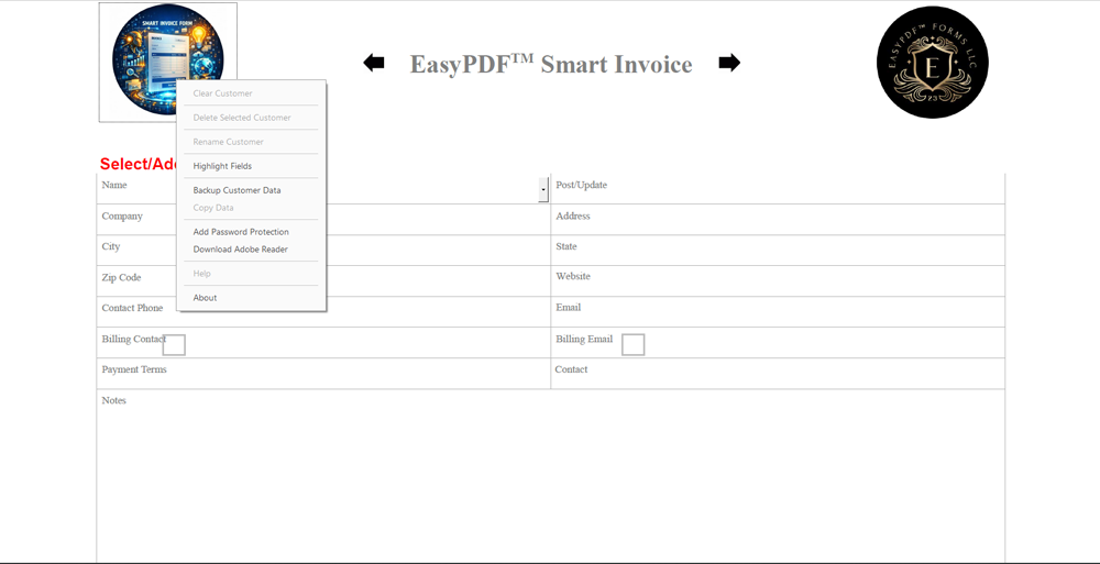 EasyPDF™ Smart Invoice - Popup Navigation Menu
