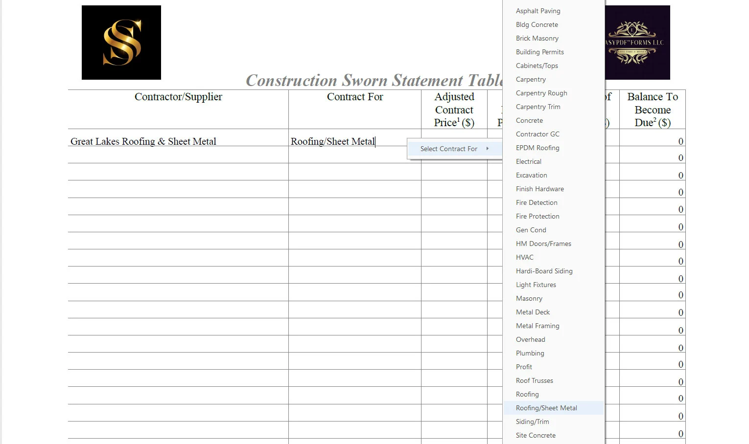 Contractor sworn statement showing contract for list