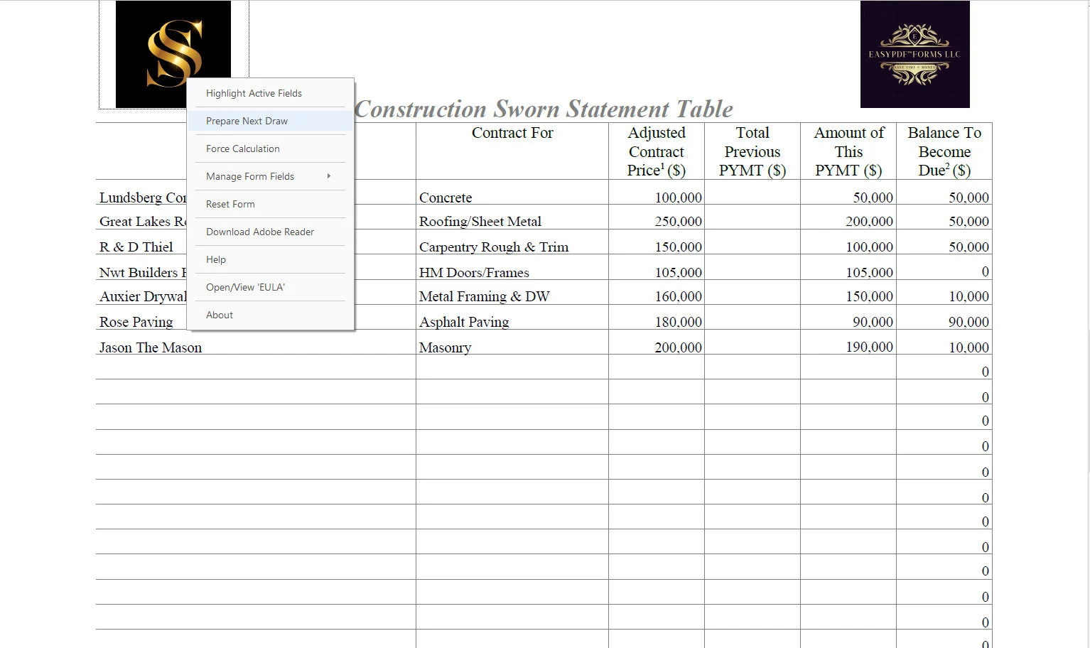 Contractor sworn statement showing menu item to prepare 2nd draw