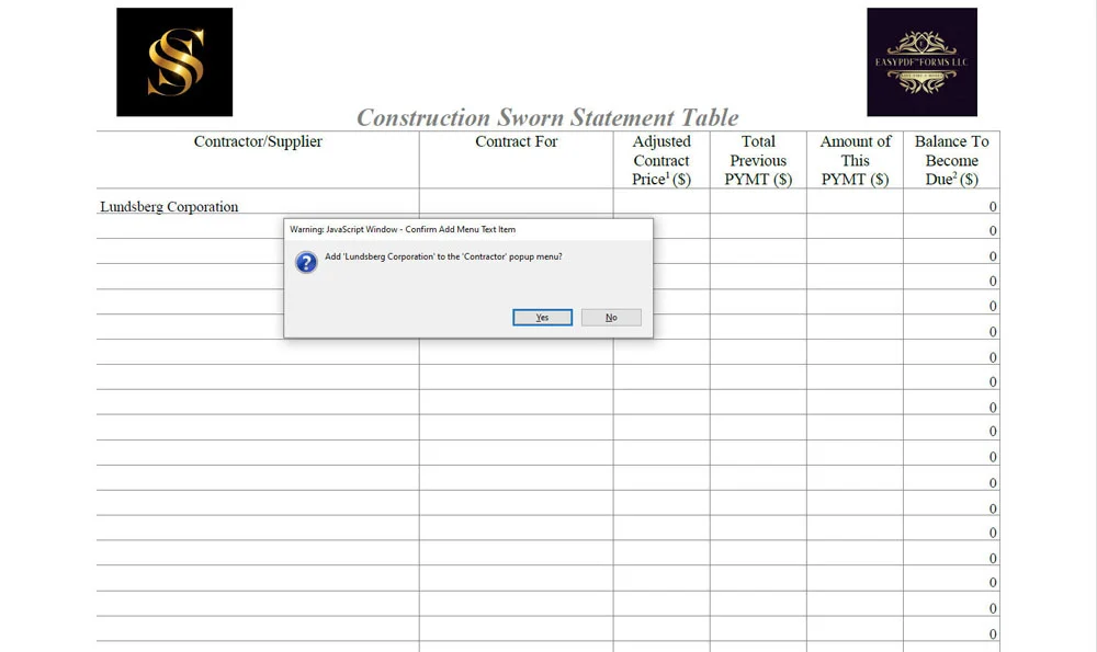 Contractor sworn statement showing how to add a contractor to the sworn statement list