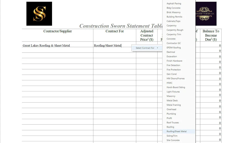Contractor sworn statement showing contract for work items listed in alphabetical order