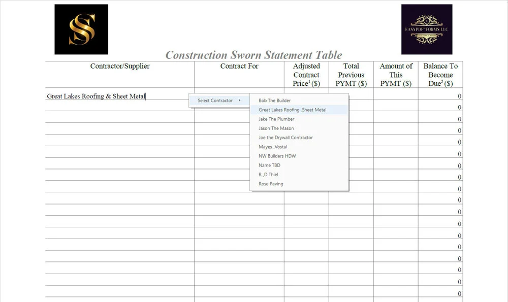 Contractor sworn statement showing subcontractor & supplier names listed in alphabetical order
