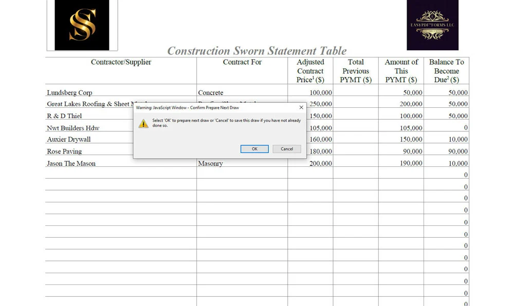 Contractor sworn statement showing menu item to set up form for next draw