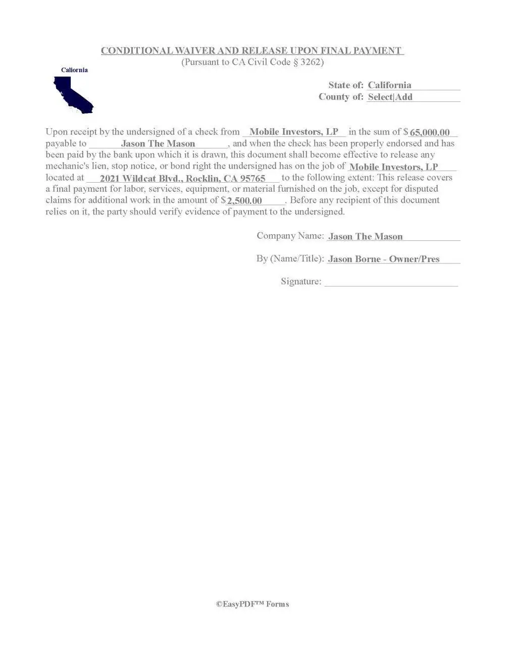 California conditional lien waiver and release upon final payment form