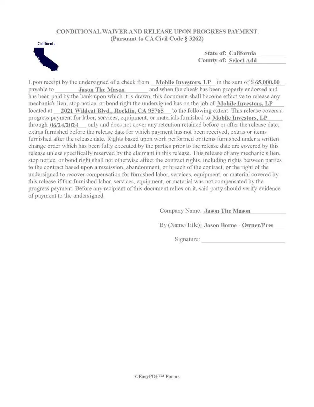 California conditional lien waiver and release upon progress payment form