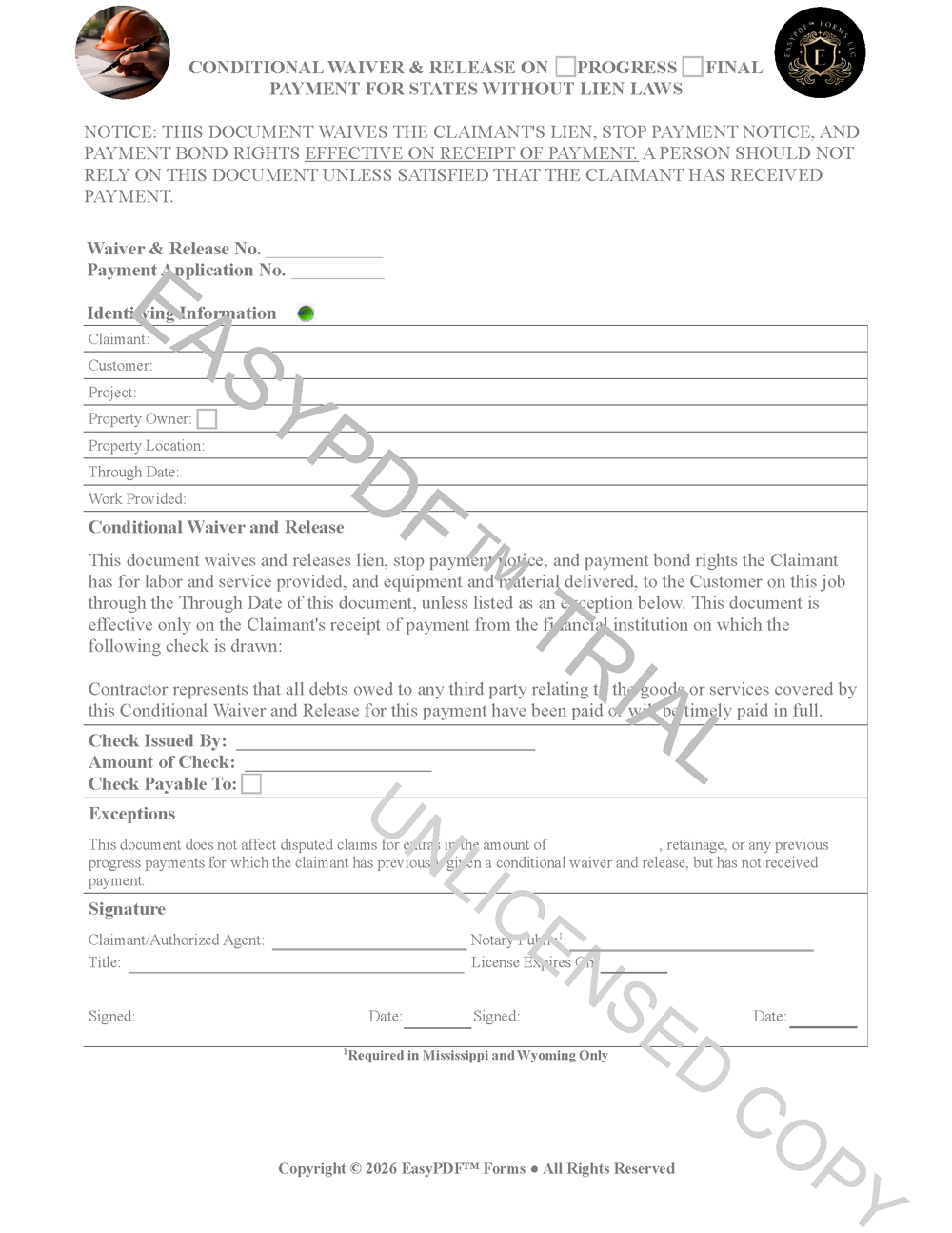EasyPDF™ Lien Waiver For All States Without Lien Laws