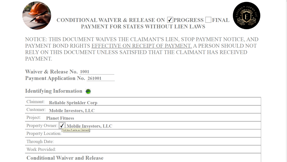 Conditional lien waiver checkbox to eliminate typing same text 
