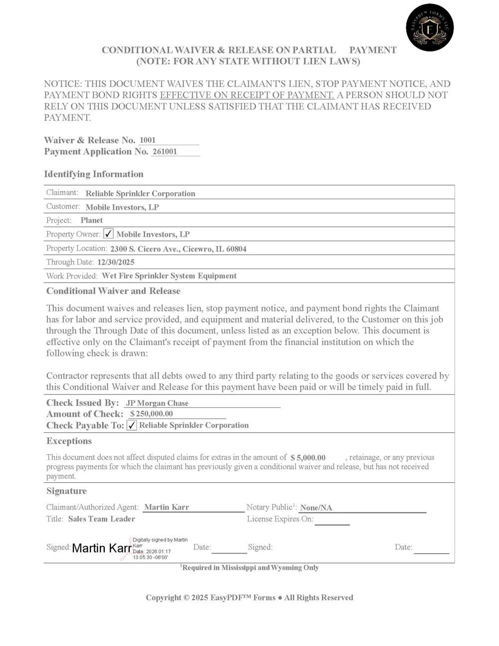 Completed sample conditional lien waiver and release form