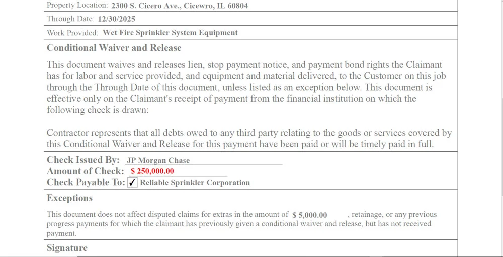 Conditional lien waiver and release form with auto-formatted currency field