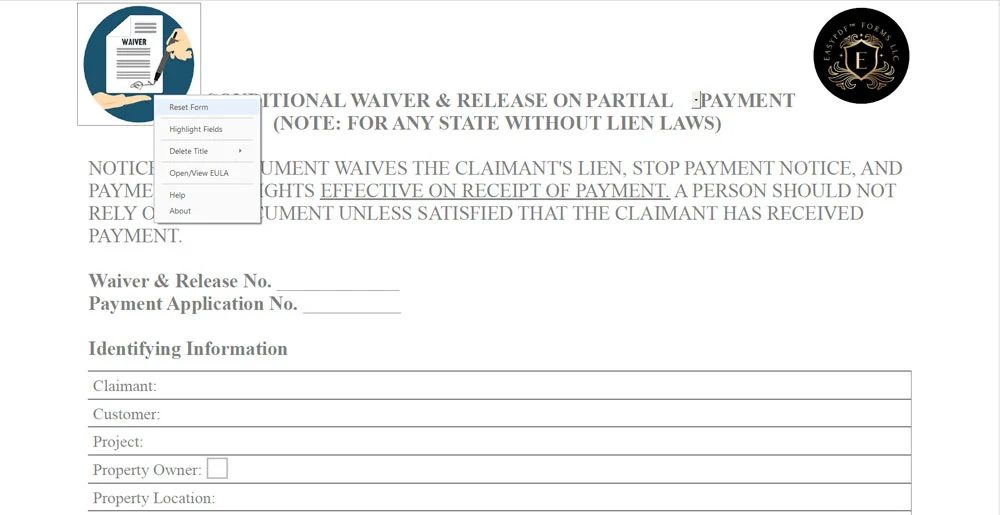 Conditional lien waiver and release form showing navigation menu