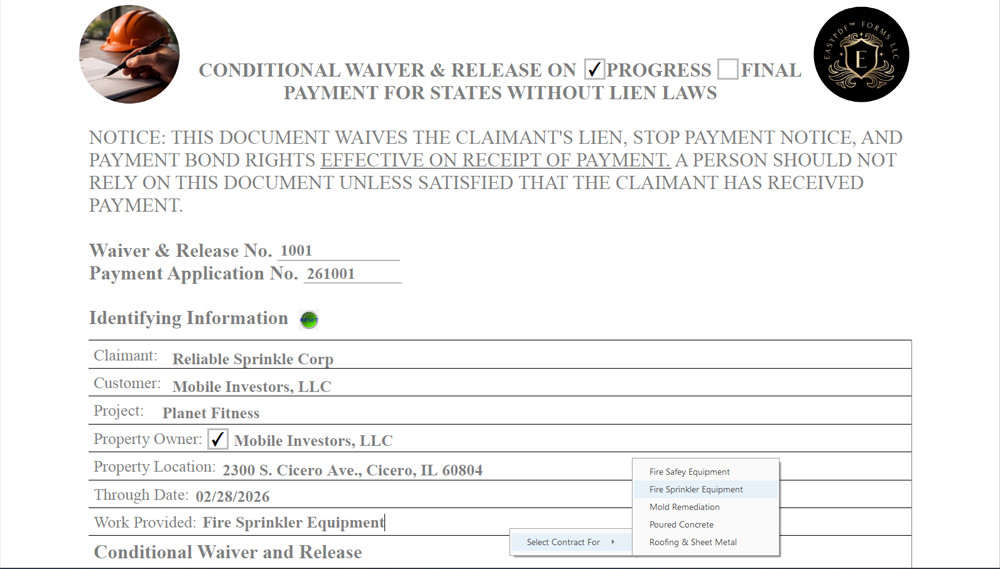 Sample conditional lien waiver to secure progress payment