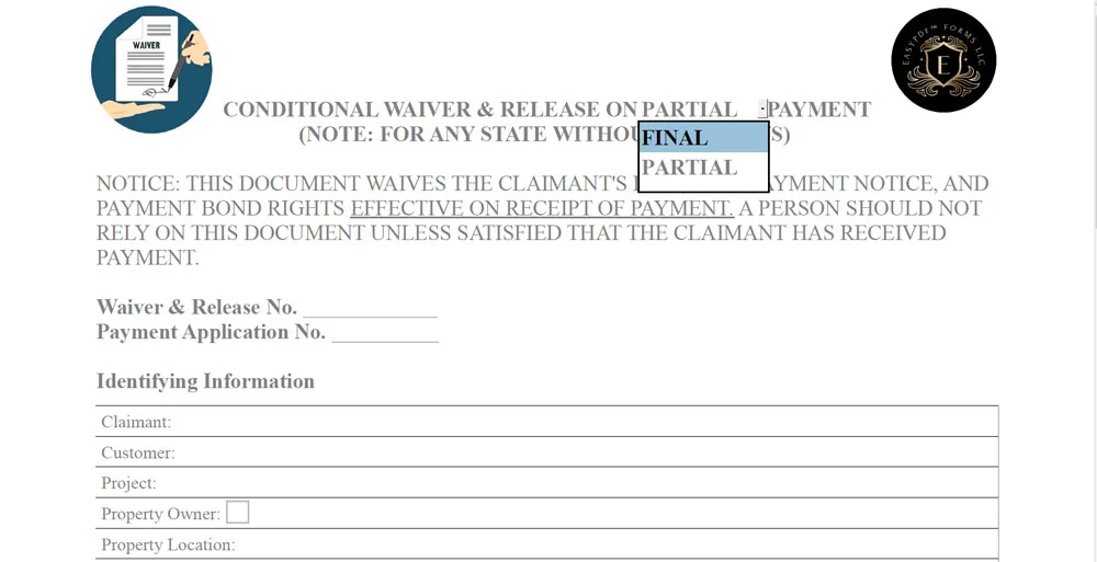 Conditional lien waiver and release form showing partial and final payment options