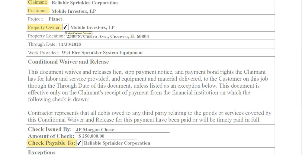 Conditional lien waiver and release form showing repeat text checkbox feature